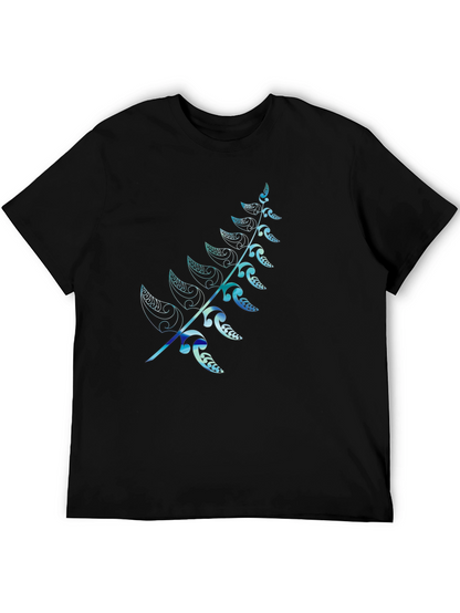 Mens Black T-Shirt with Blue Fern Design