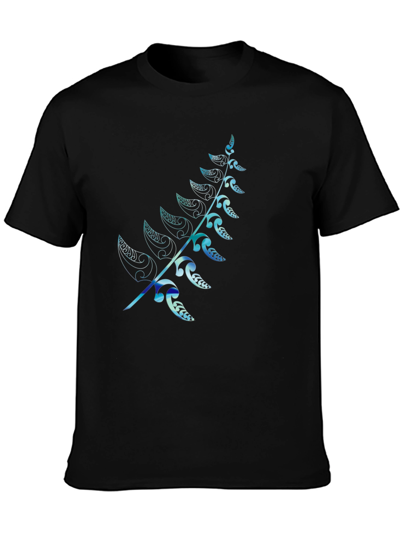 Mens Black T-Shirt with Blue Fern Design