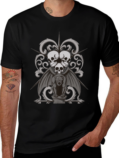Gothic Skull & Gargoyle Graphic Tee - Dark Style