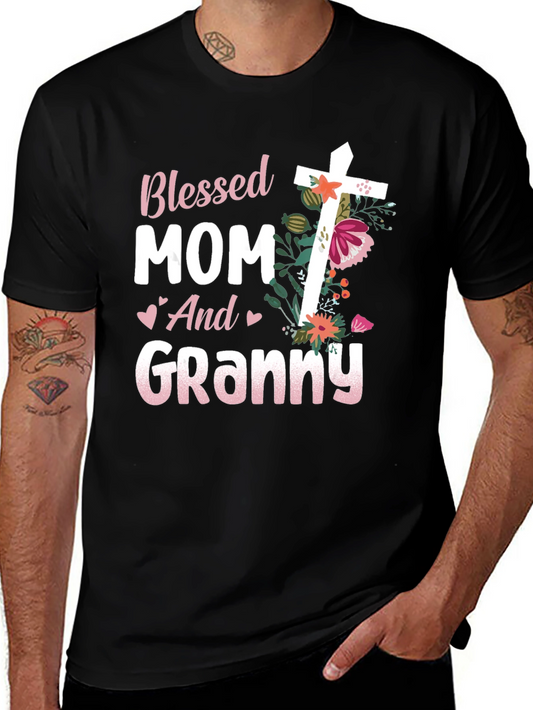 Blessed Mom and Granny T-Shirt with Floral Cross Graphic