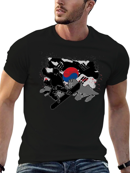 South Korea Flag Snowboarder Black T-Shirt