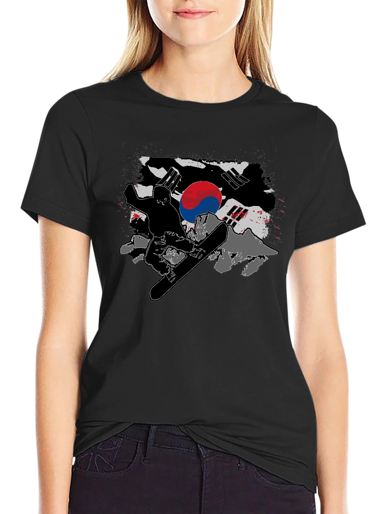 South Korea Flag Snowboarder Black T-Shirt