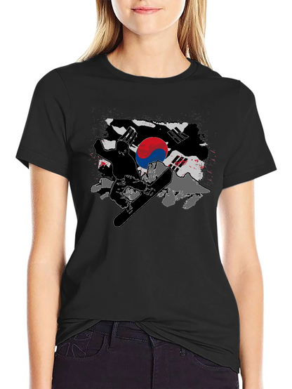 South Korea Flag Snowboarder Black T-Shirt