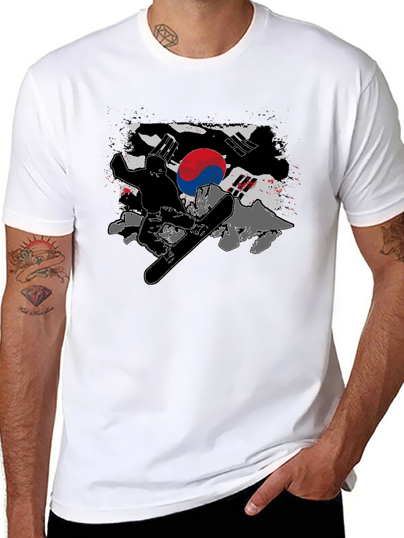 South Korea Flag Snowboarder Black T-Shirt