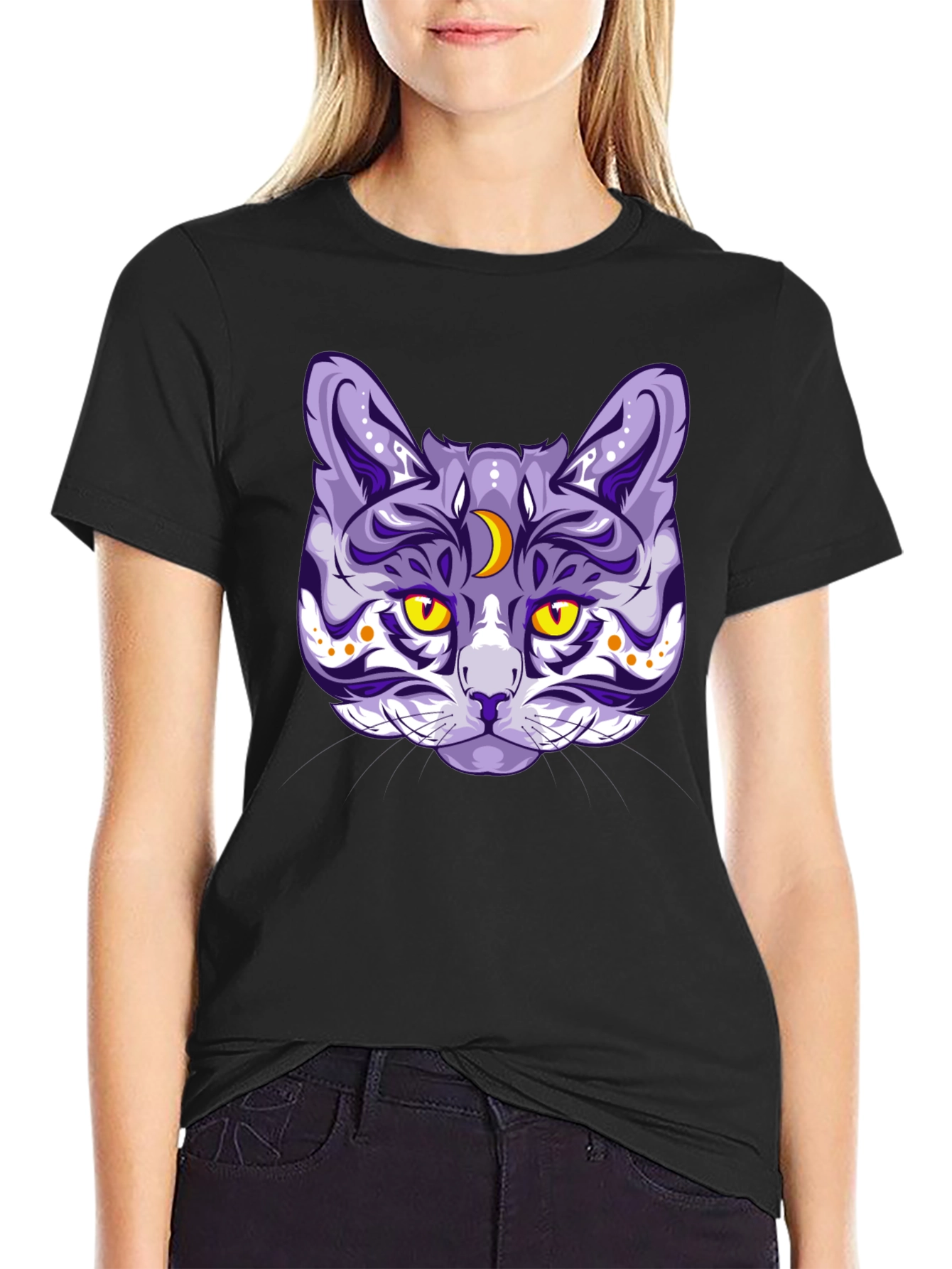 Mystic Cat Graphic Tee - Black Cotton Blend
