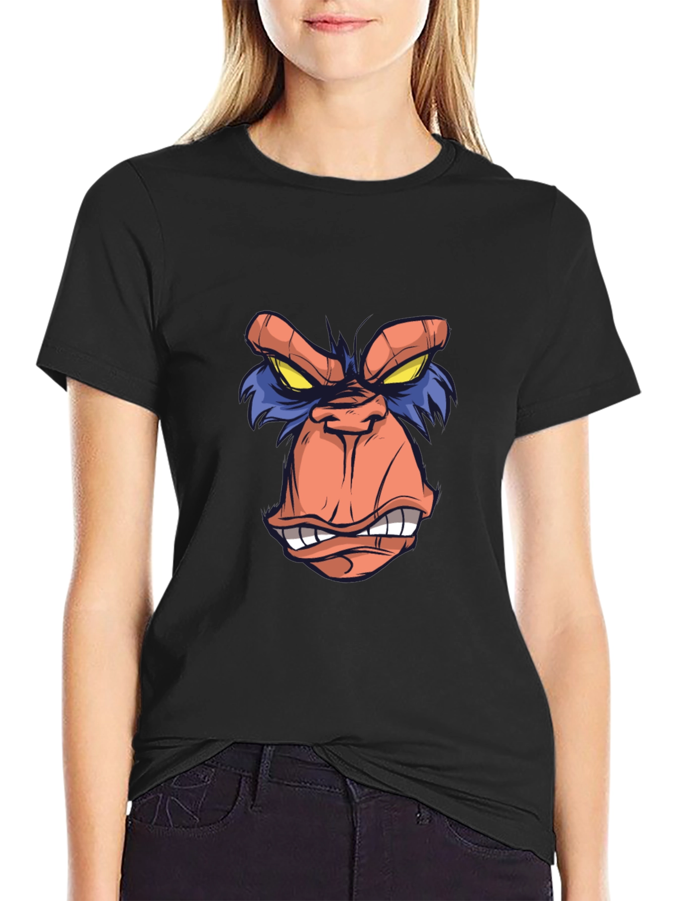 Cartoon Ape Face Graphic Tee - Black