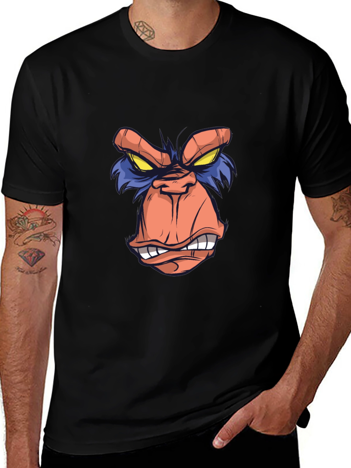 Cartoon Ape Face Graphic Tee - Black