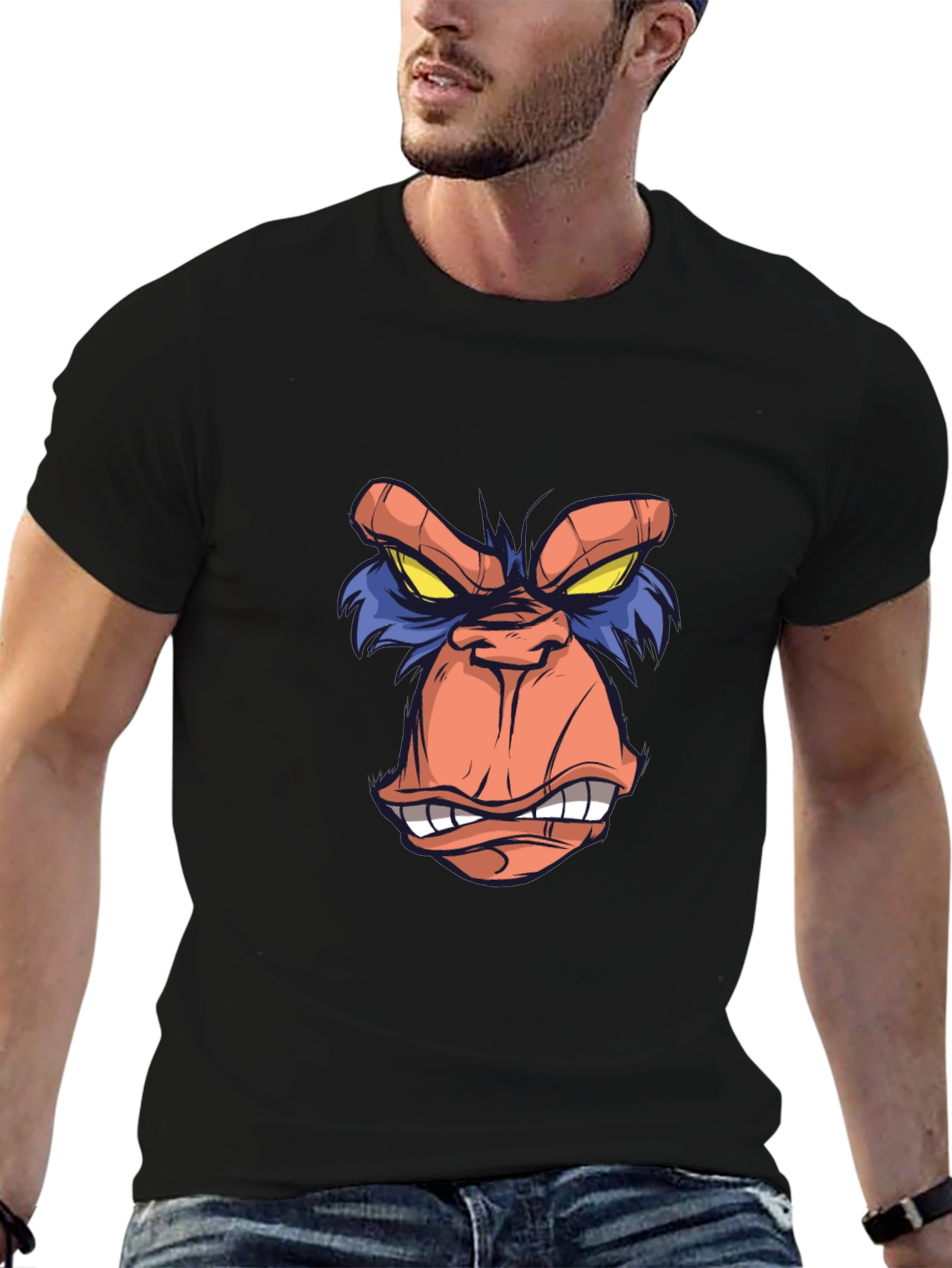 Cartoon Ape Face Graphic Tee - Black