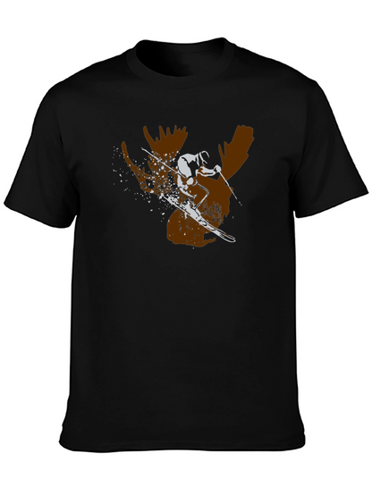 Moose Skier Graphic Tee - Black Cotton T-Shirt