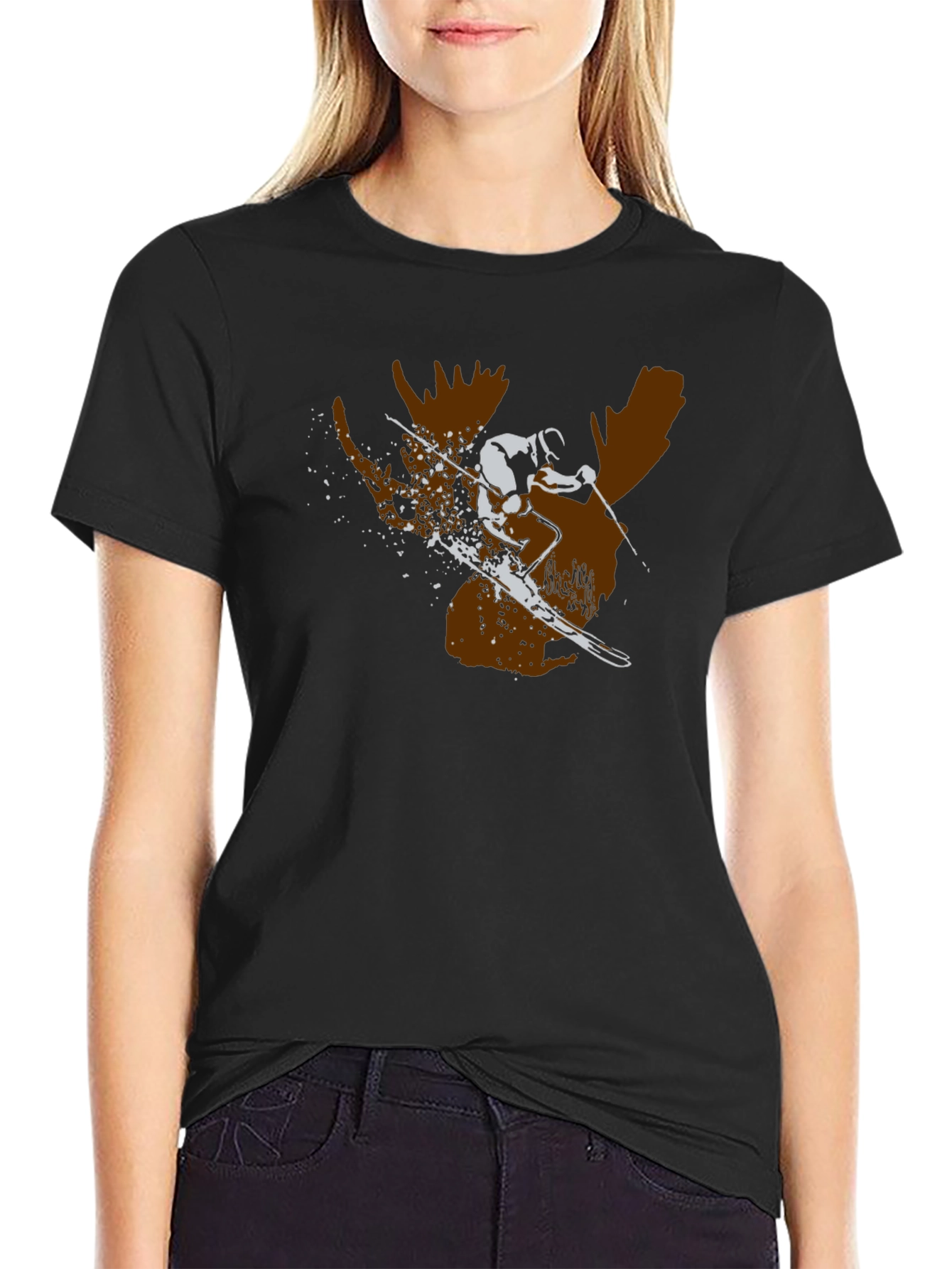 Moose Skier Graphic Tee - Black Cotton T-Shirt