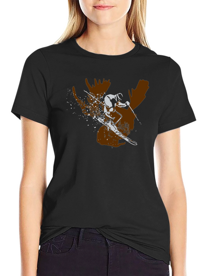 Moose Skier Graphic Tee - Black Cotton T-Shirt