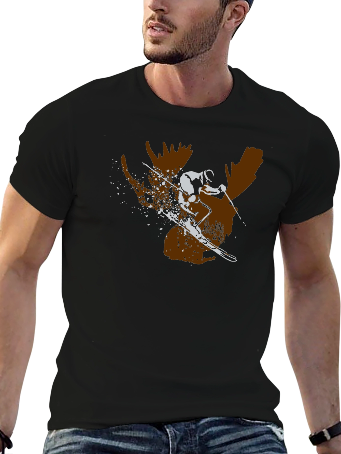 Moose Skier Graphic Tee - Black Cotton T-Shirt