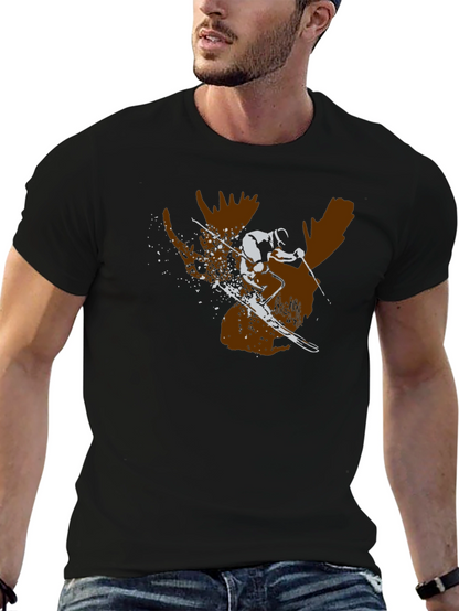 Moose Skier Graphic Tee - Black Cotton T-Shirt