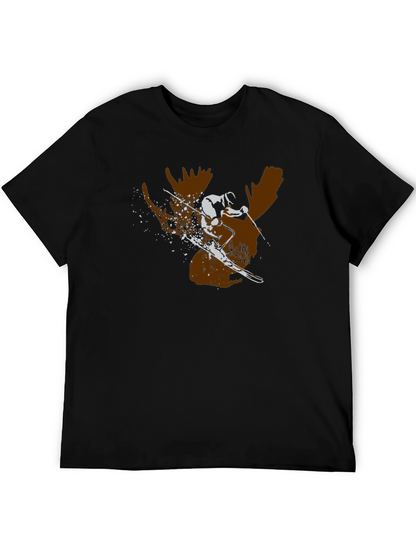 Moose Skier Graphic Tee - Black Cotton T-Shirt