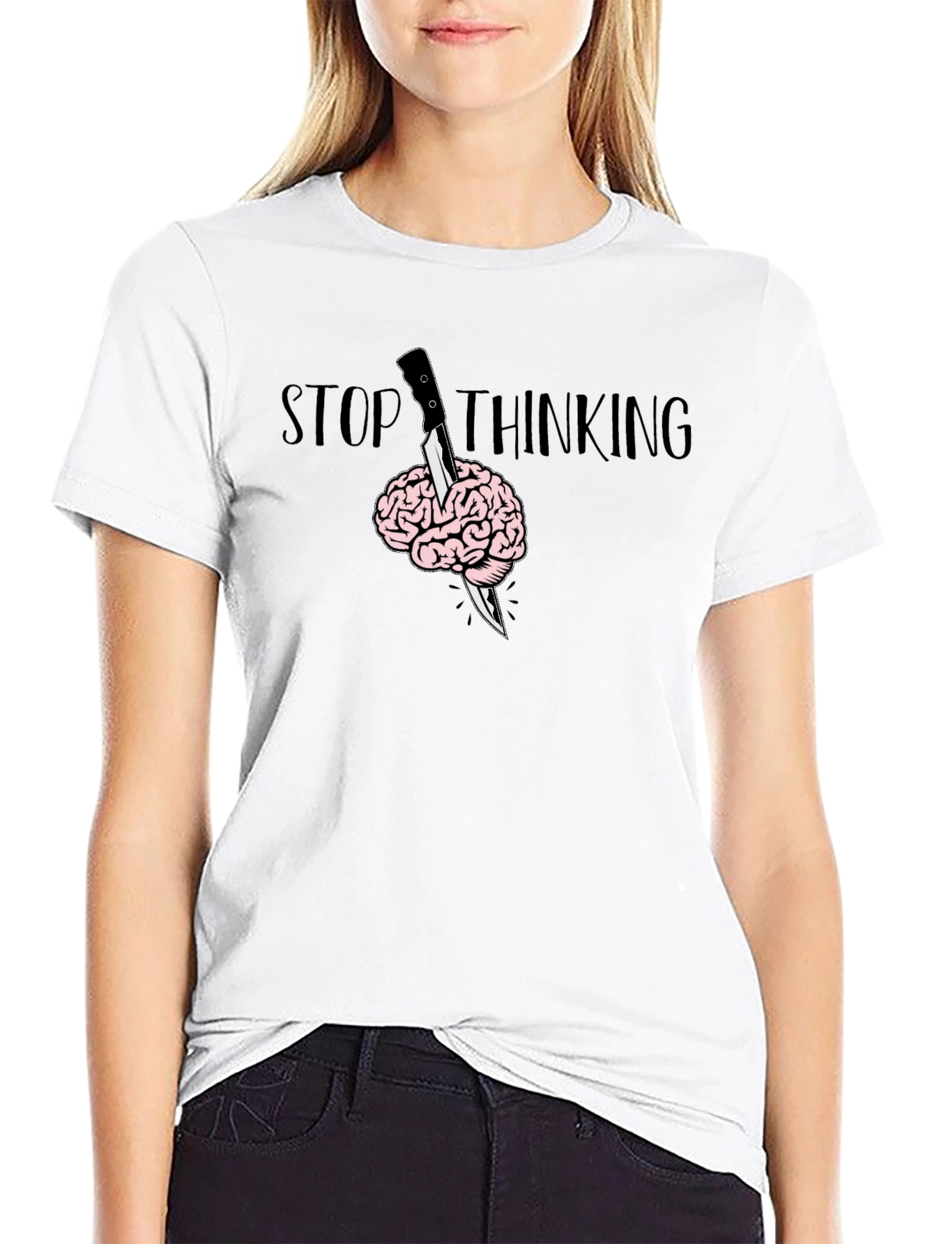 Stop Thinking Graphic T-Shirt - Brain Knife Tee