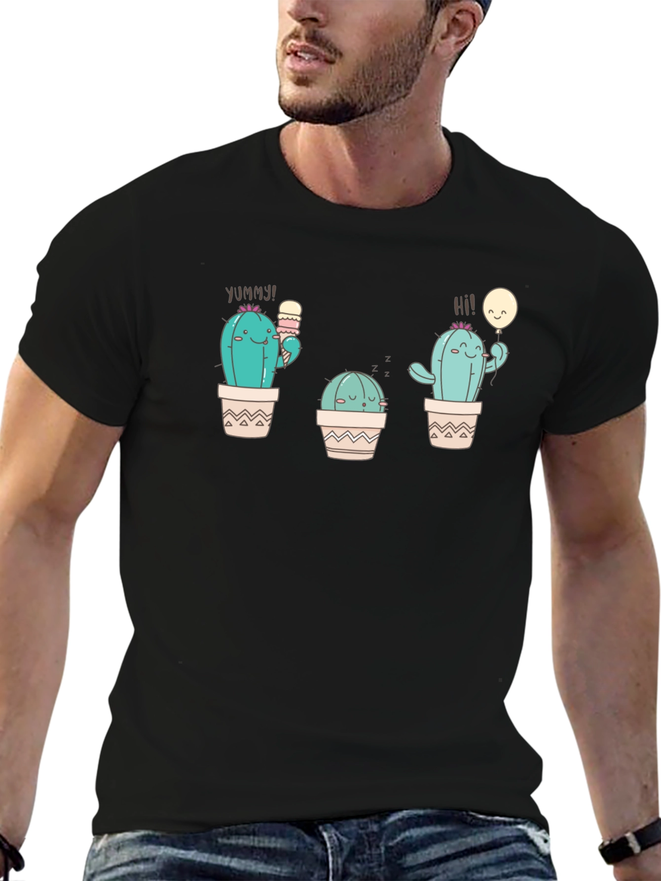 Cute Cactus Graphic Tee - Black Cotton T-Shirt
