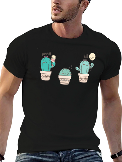 Cute Cactus Graphic Tee - Black Cotton T-Shirt