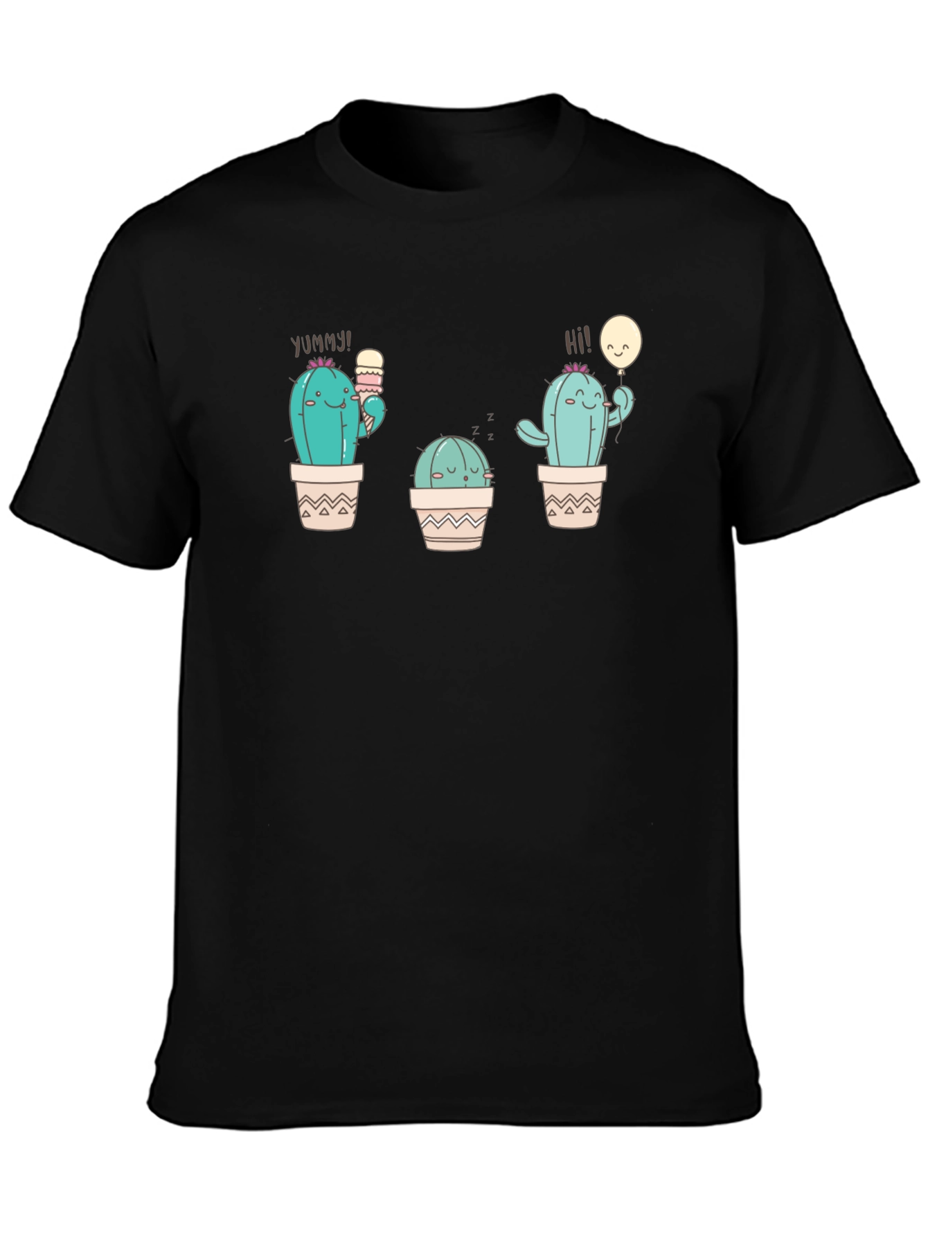 Cute Cactus Graphic Tee - Black Cotton T-Shirt
