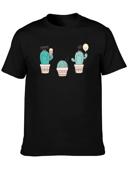 Cute Cactus Graphic Tee - Black Cotton T-Shirt