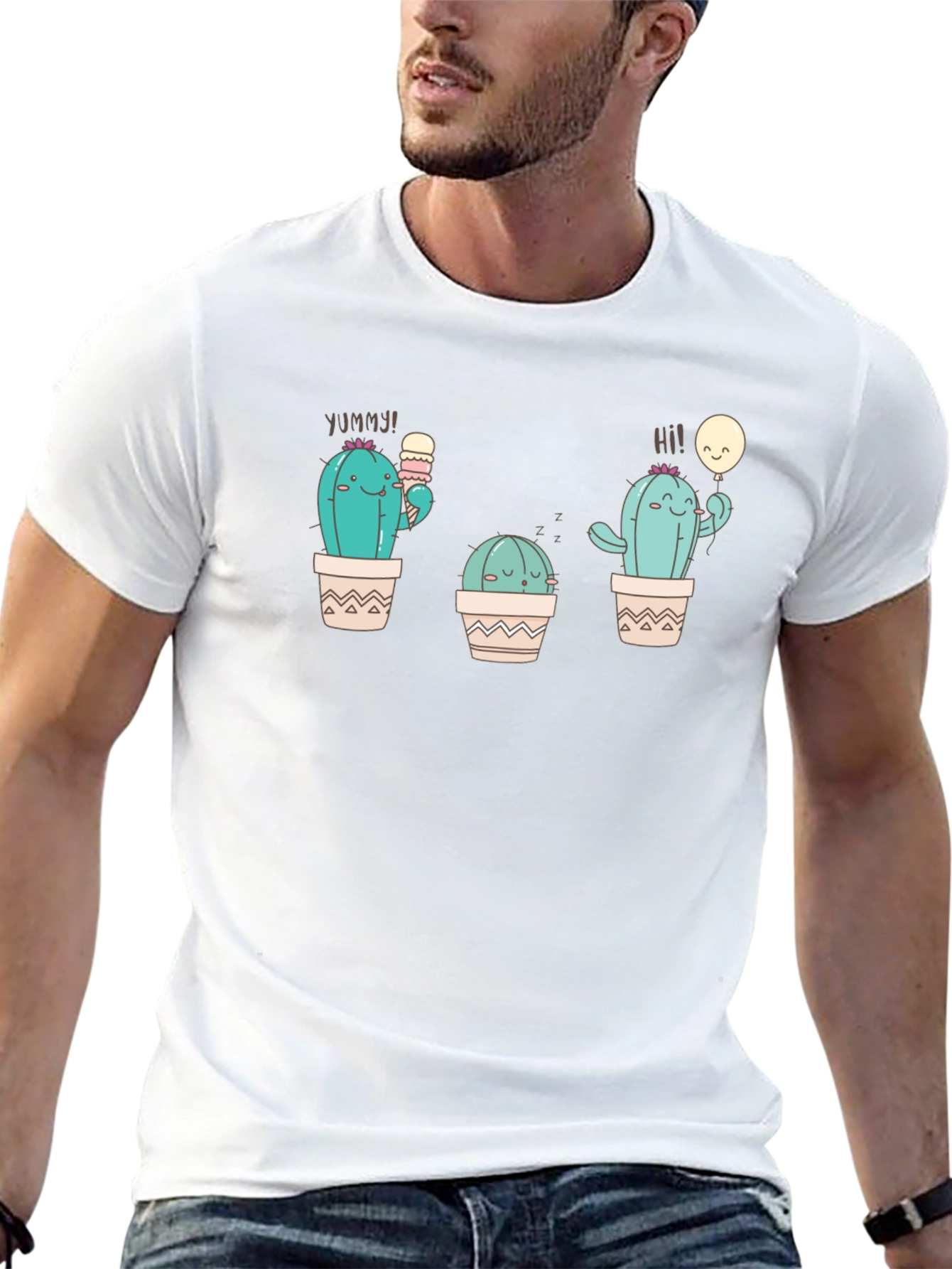 Cute Cactus Graphic Tee - Black Cotton T-Shirt
