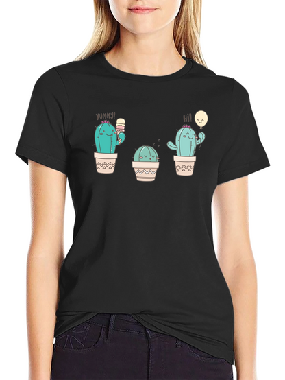 Cute Cactus Graphic Tee - Black Cotton T-Shirt