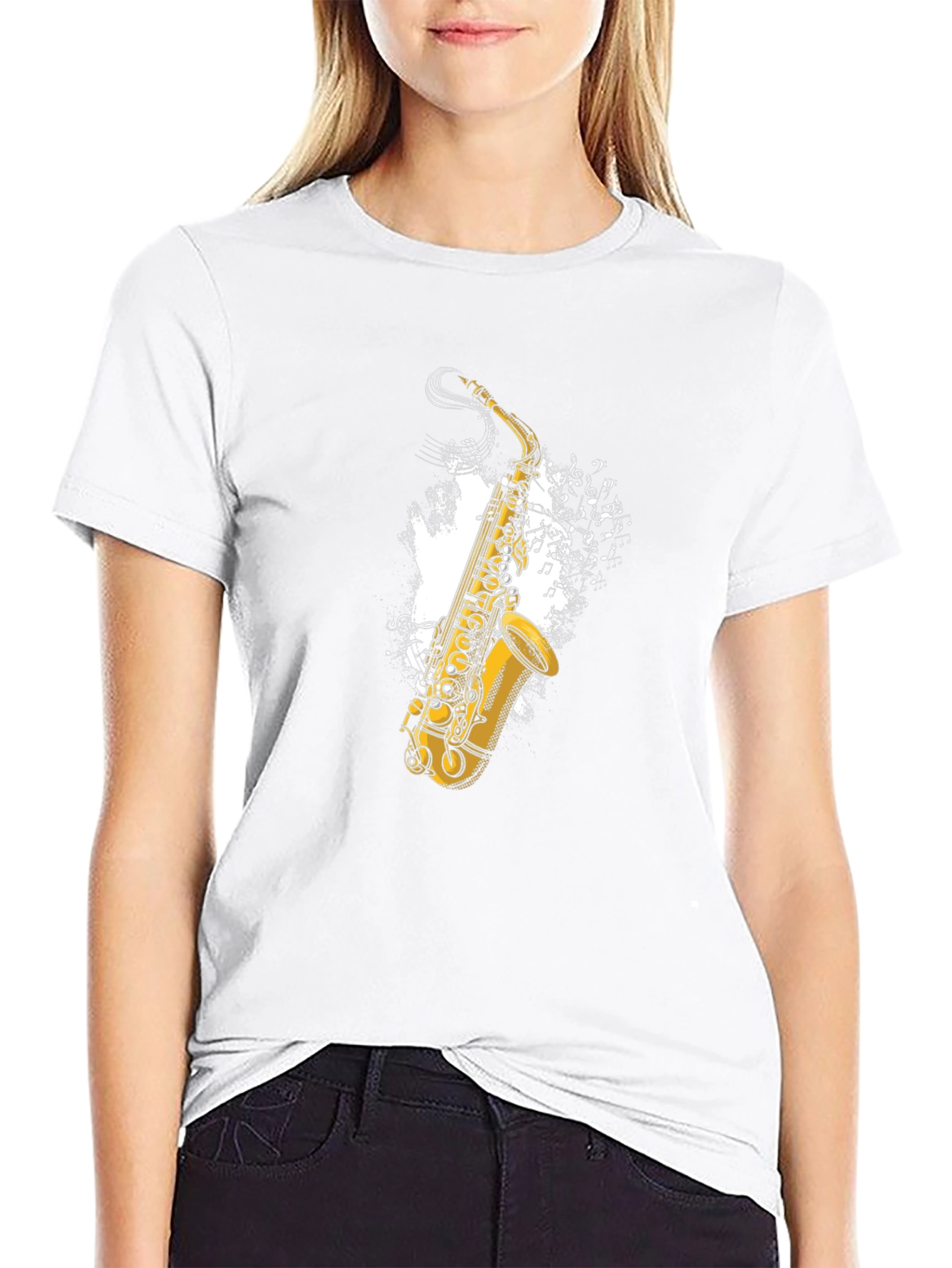 Saxophone Music Notes Graphic Tee - Black Cotton T-Shirt