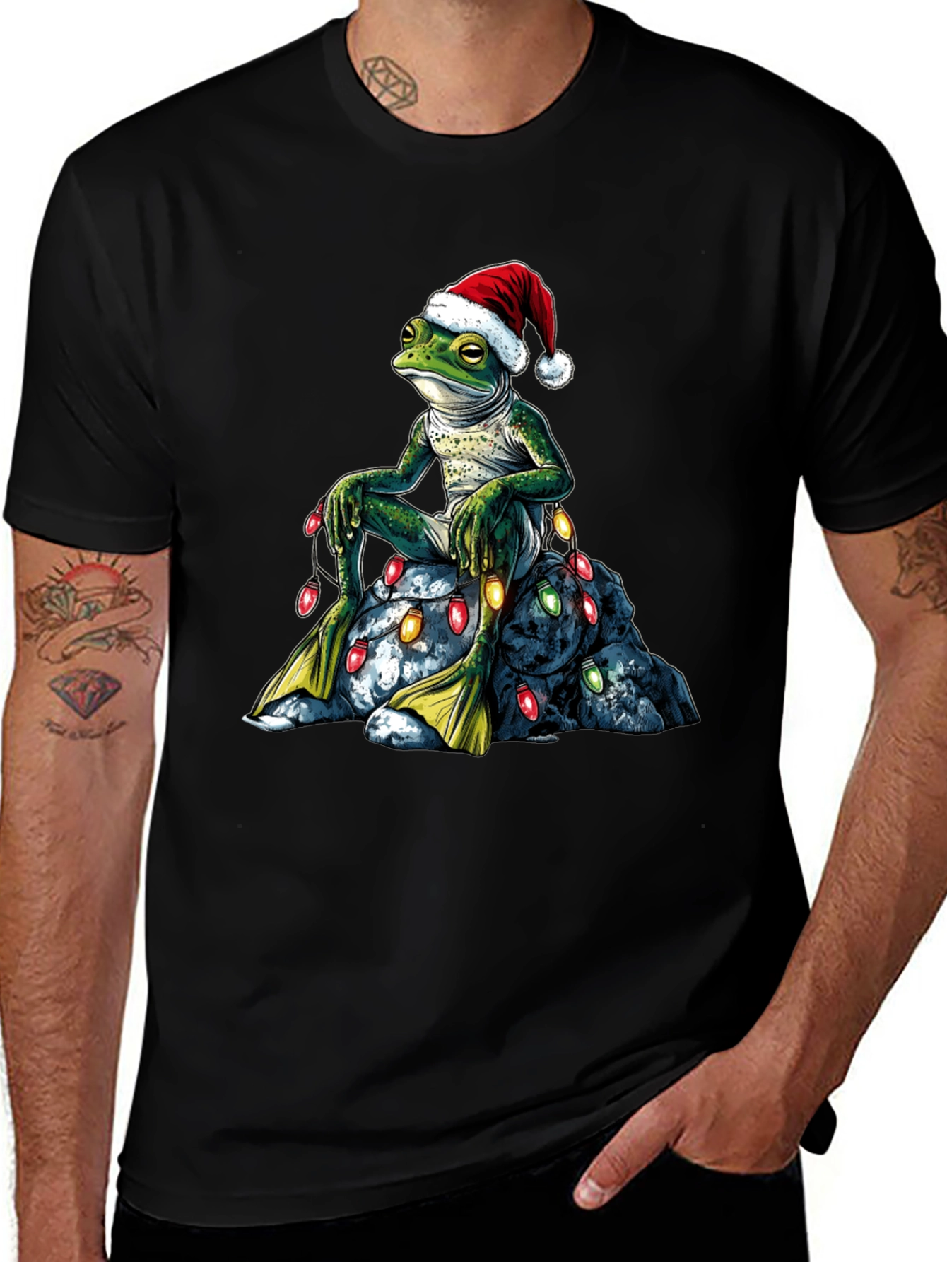 Festive Frog T-Shirt - Christmas Lights & Santa Hat