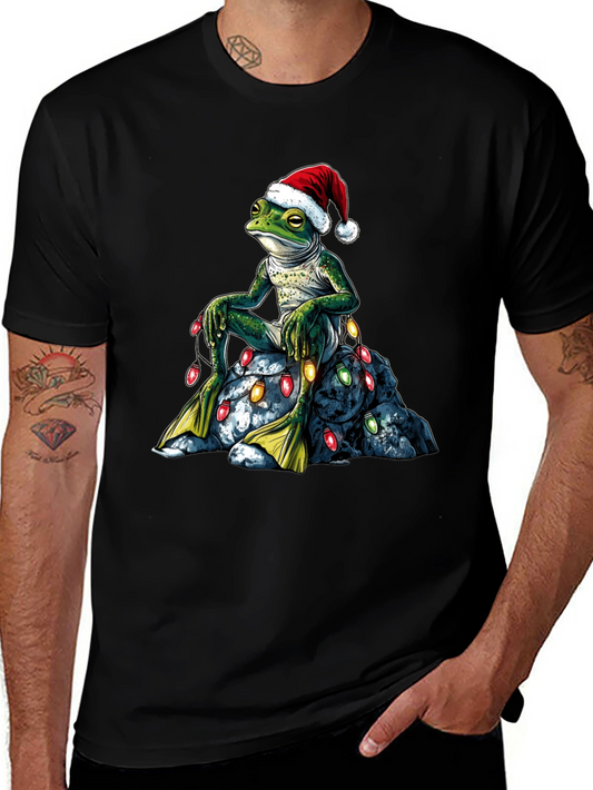 Festive Frog T-Shirt - Christmas Lights & Santa Hat