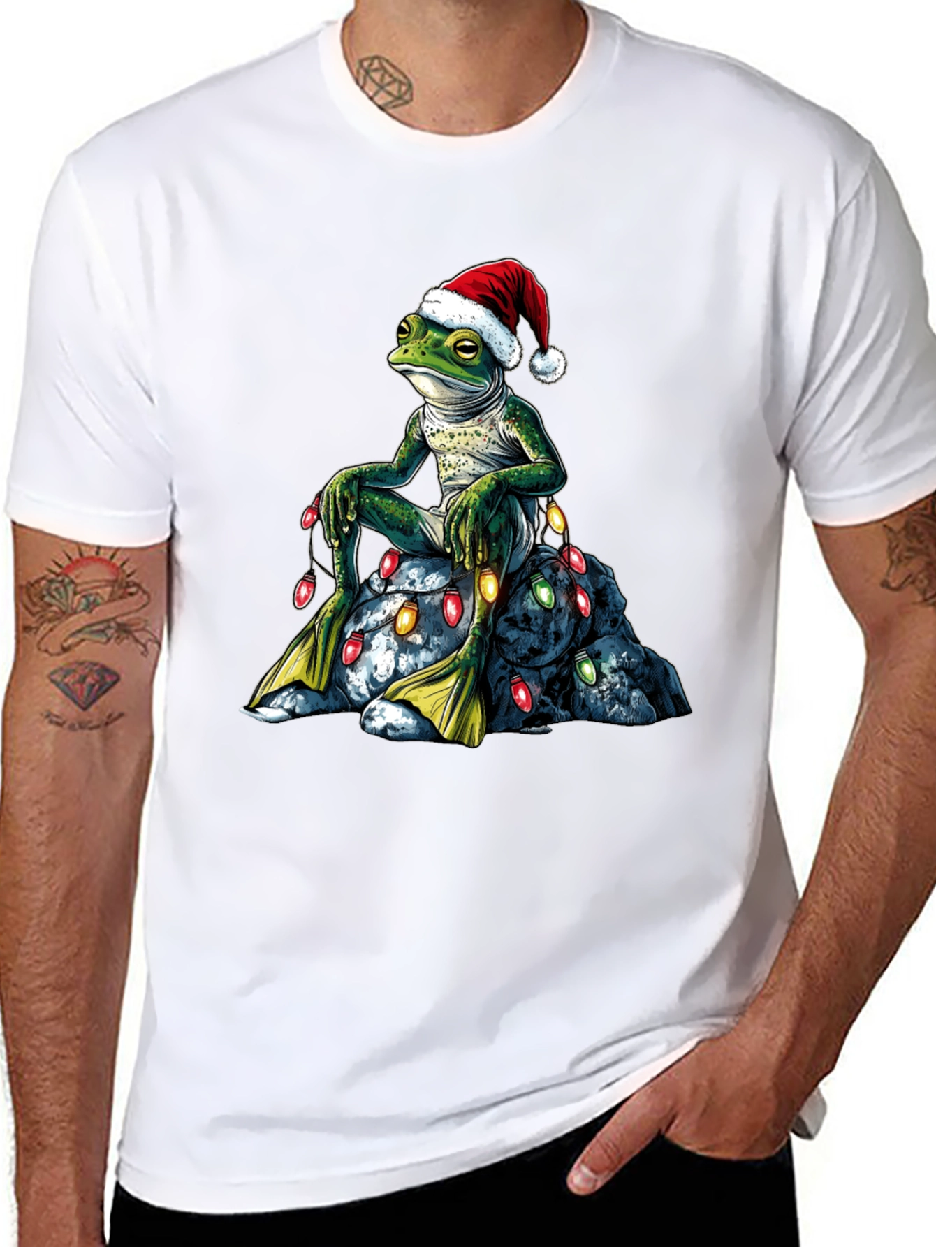 Festive Frog T-Shirt - Christmas Lights & Santa Hat