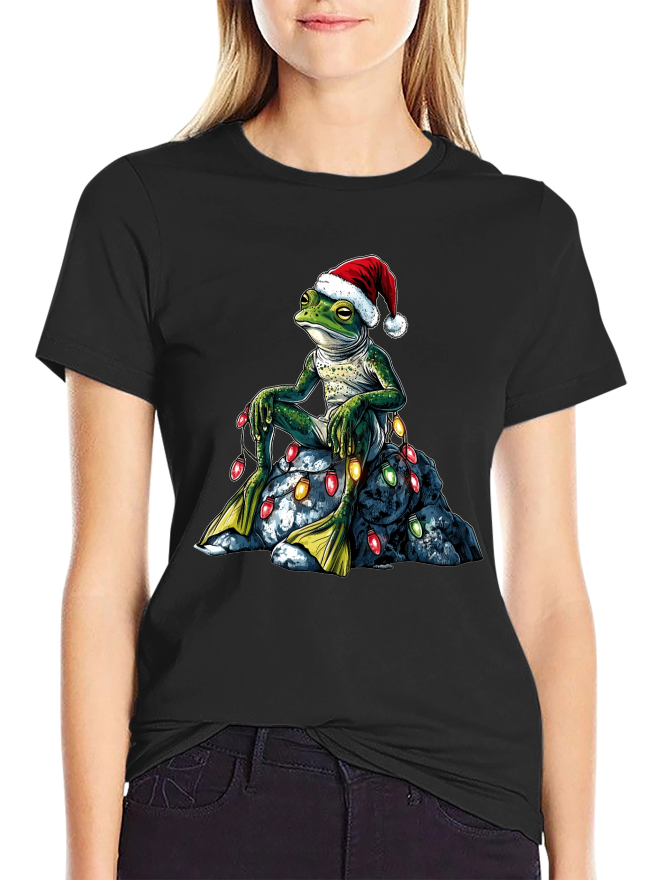 Festive Frog T-Shirt - Christmas Lights & Santa Hat