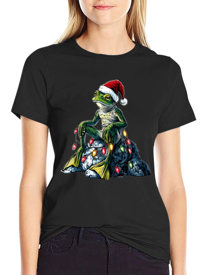 Festive Frog T-Shirt - Christmas Lights & Santa Hat