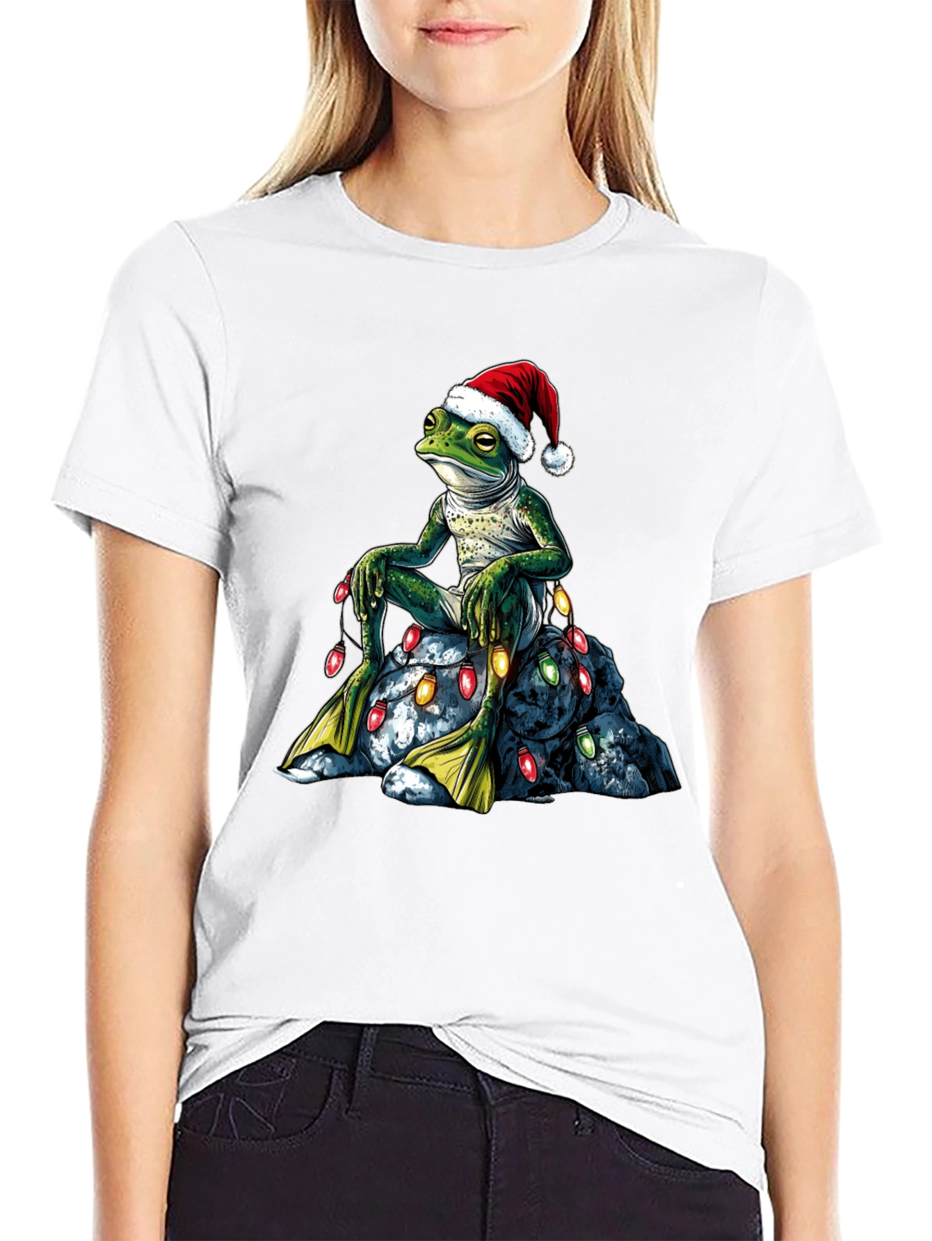 Festive Frog T-Shirt - Christmas Lights & Santa Hat