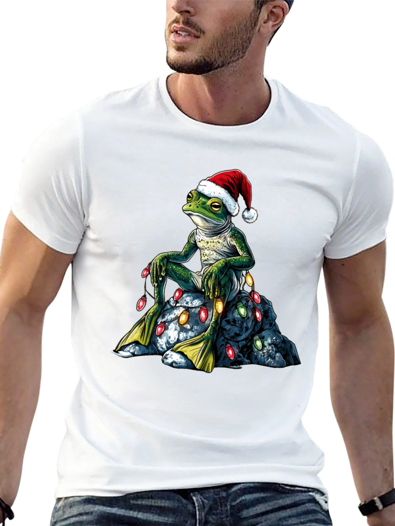 Festive Frog T-Shirt - Christmas Lights & Santa Hat
