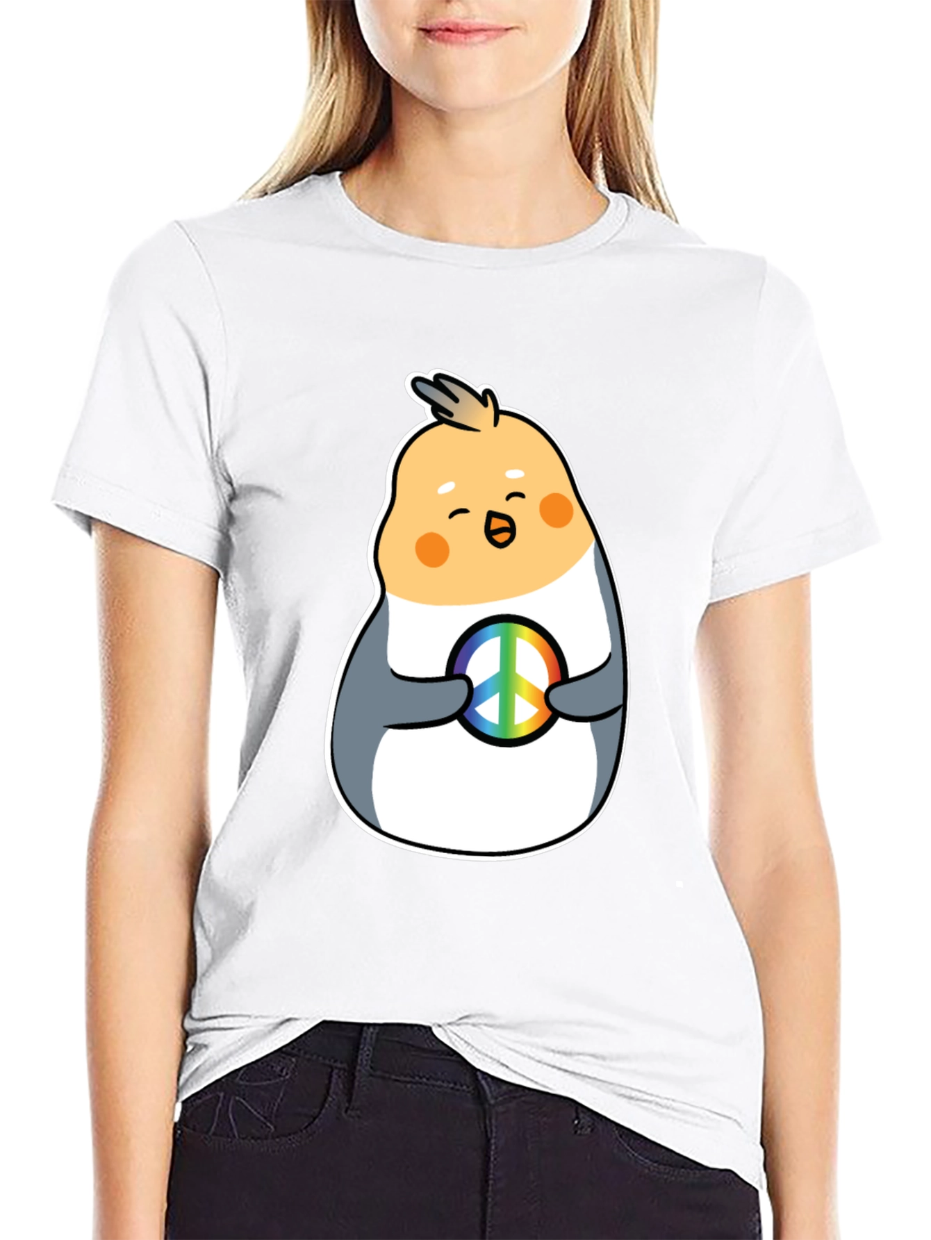 Cockatiel Peace Sign Graphic Tee - Black Cotton Blend