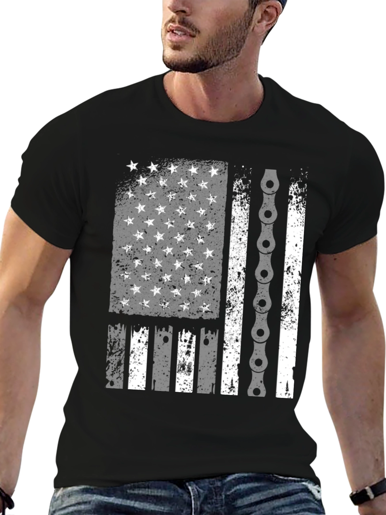 American Flag Bike Chain Graphic T-Shirt