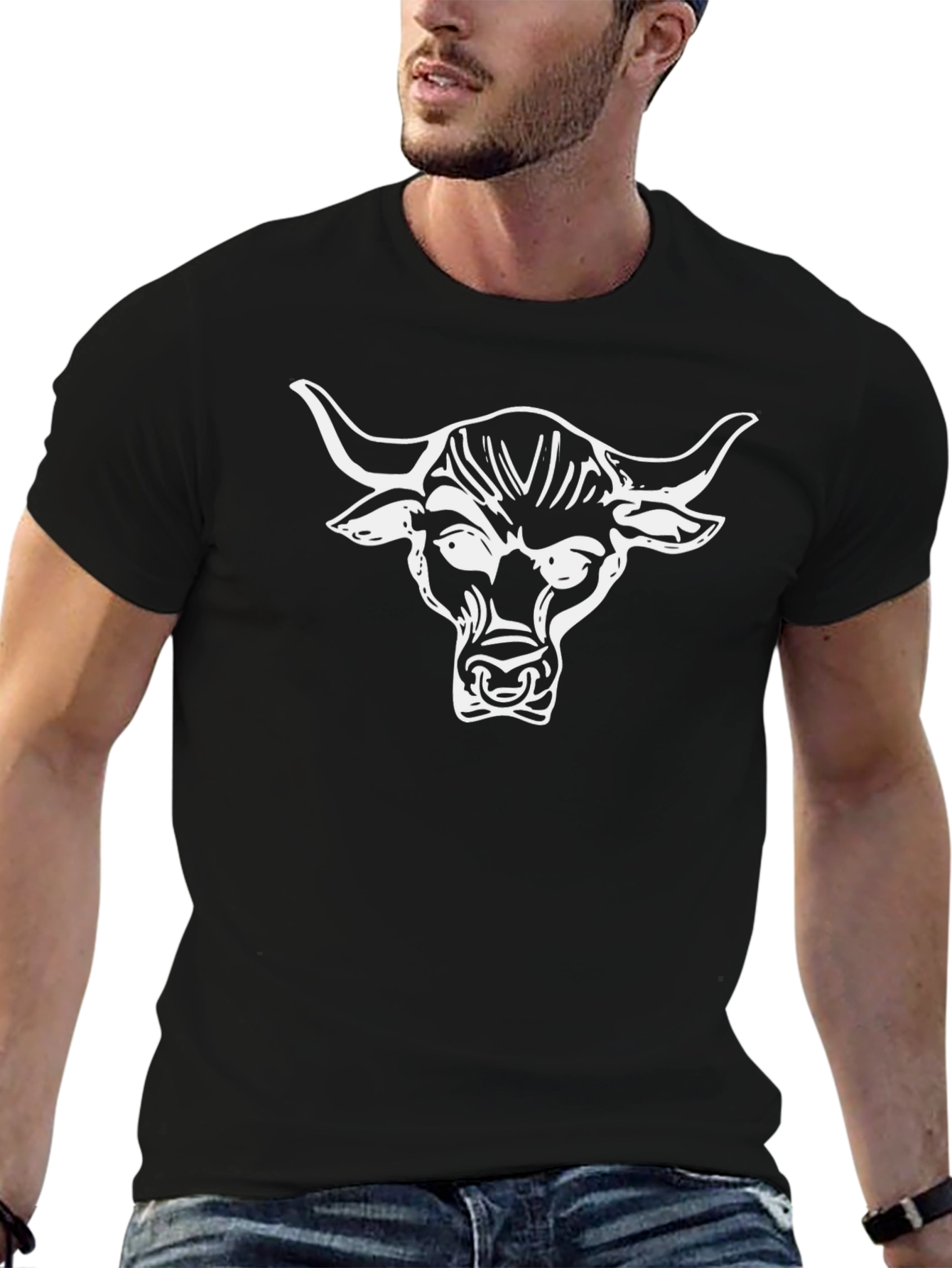 Mens Black T-Shirt with White Bull Head Graphic