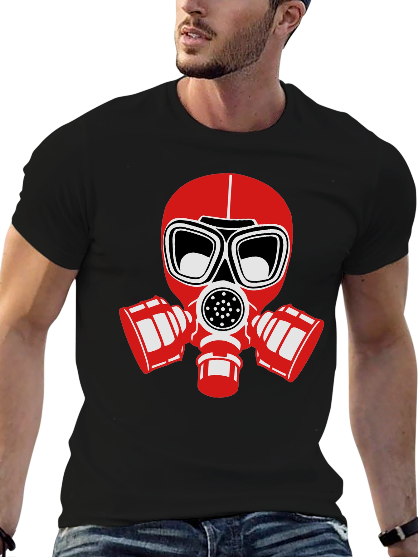 Black T-Shirt with Red Gas Mask Graphic