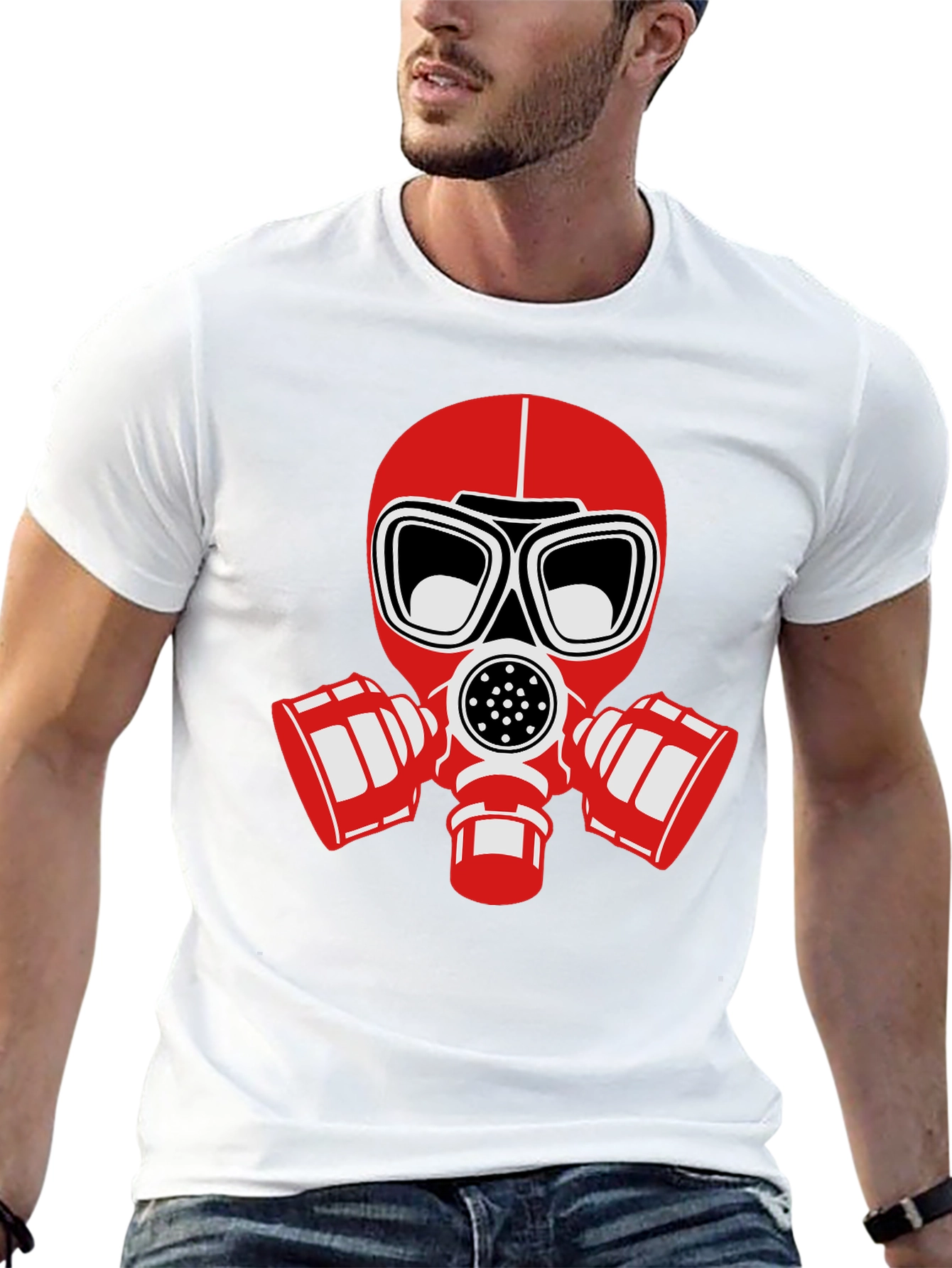 Black T-Shirt with Red Gas Mask Graphic