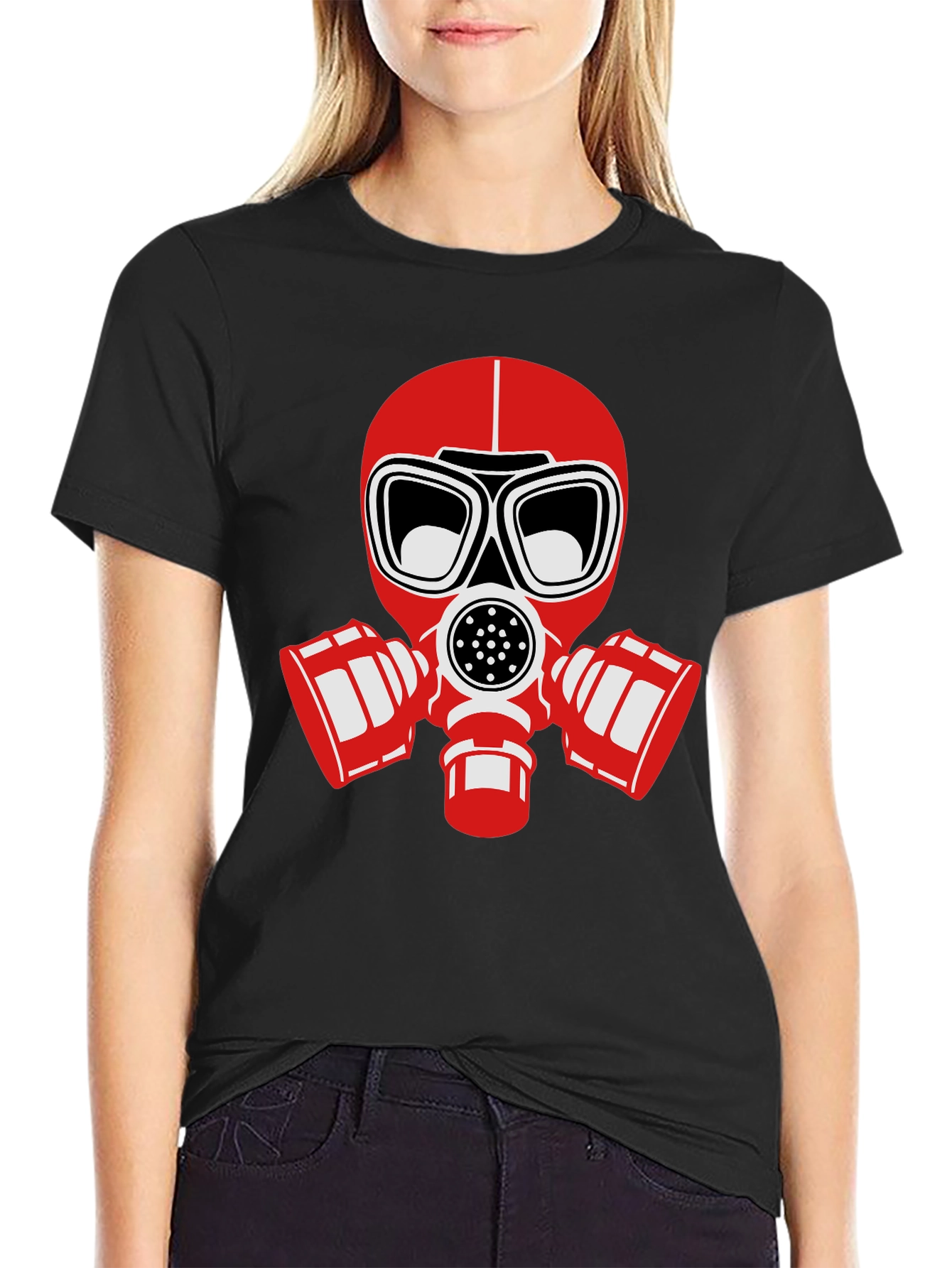 Black T-Shirt with Red Gas Mask Graphic