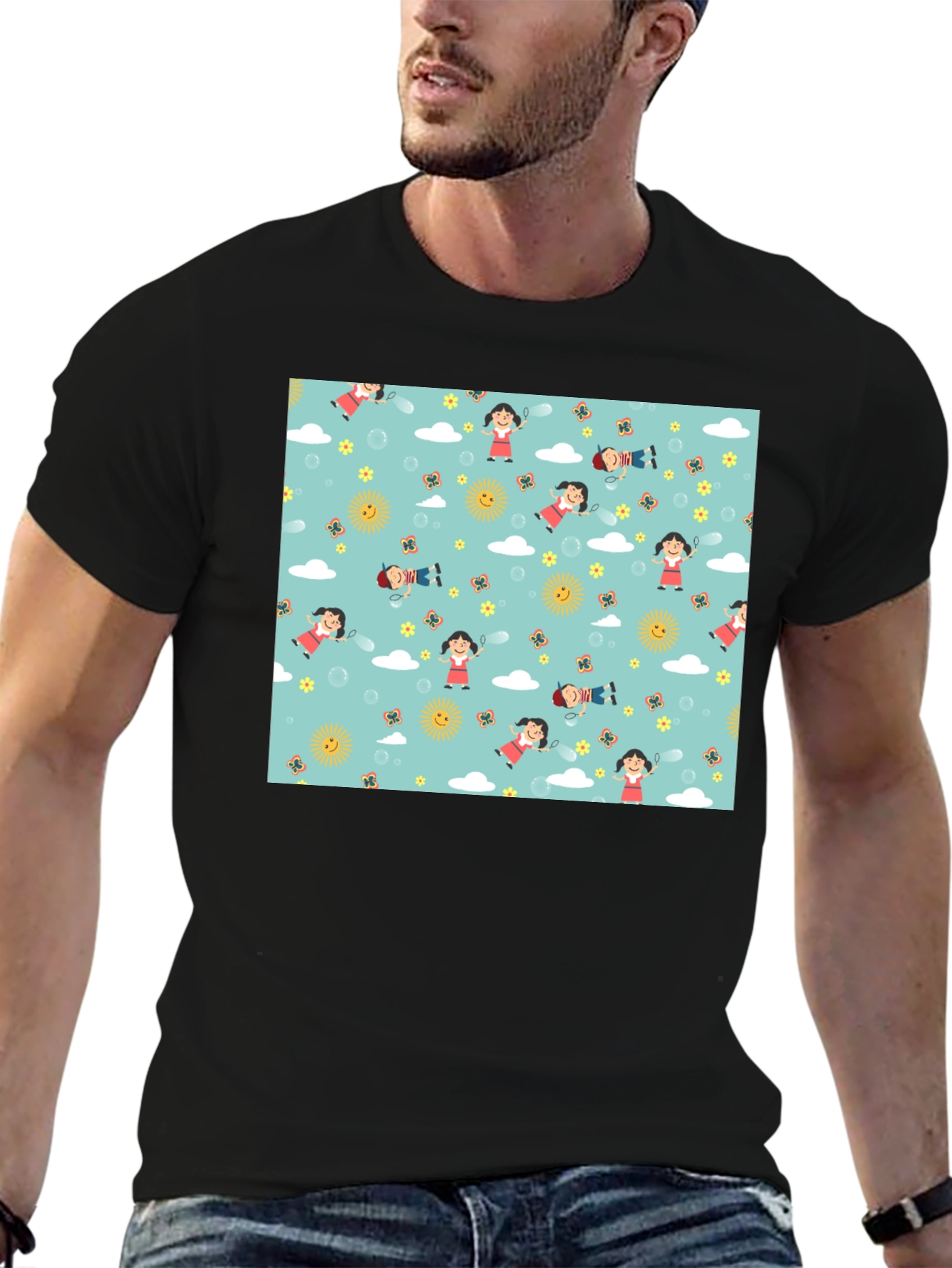 Cartoon Print Black Cotton Tee