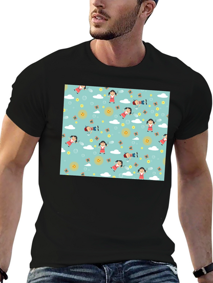 Cartoon Print Black Cotton Tee