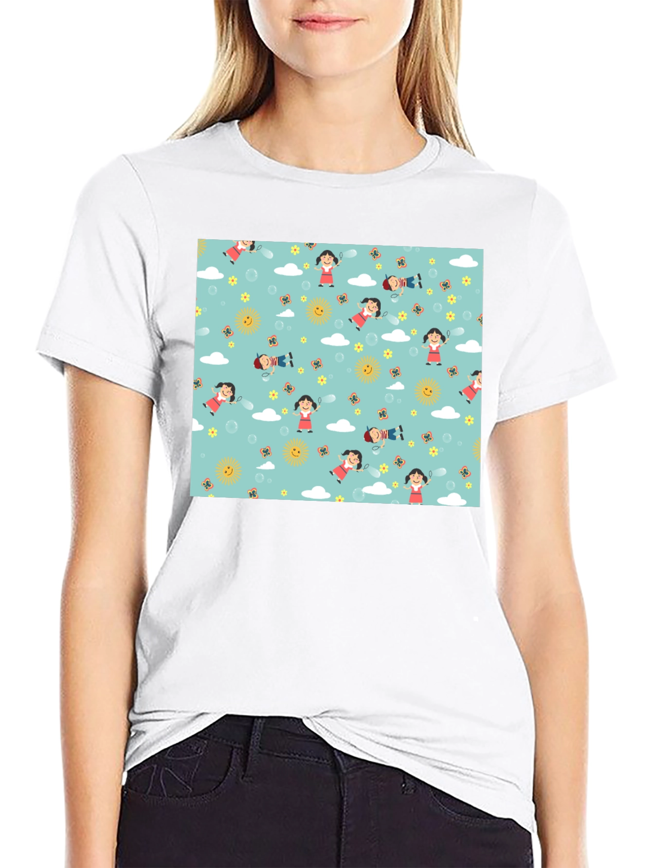Cartoon Print Black Cotton Tee