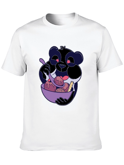Cartoon Panda Eating Ice Cream Black T-Shirt