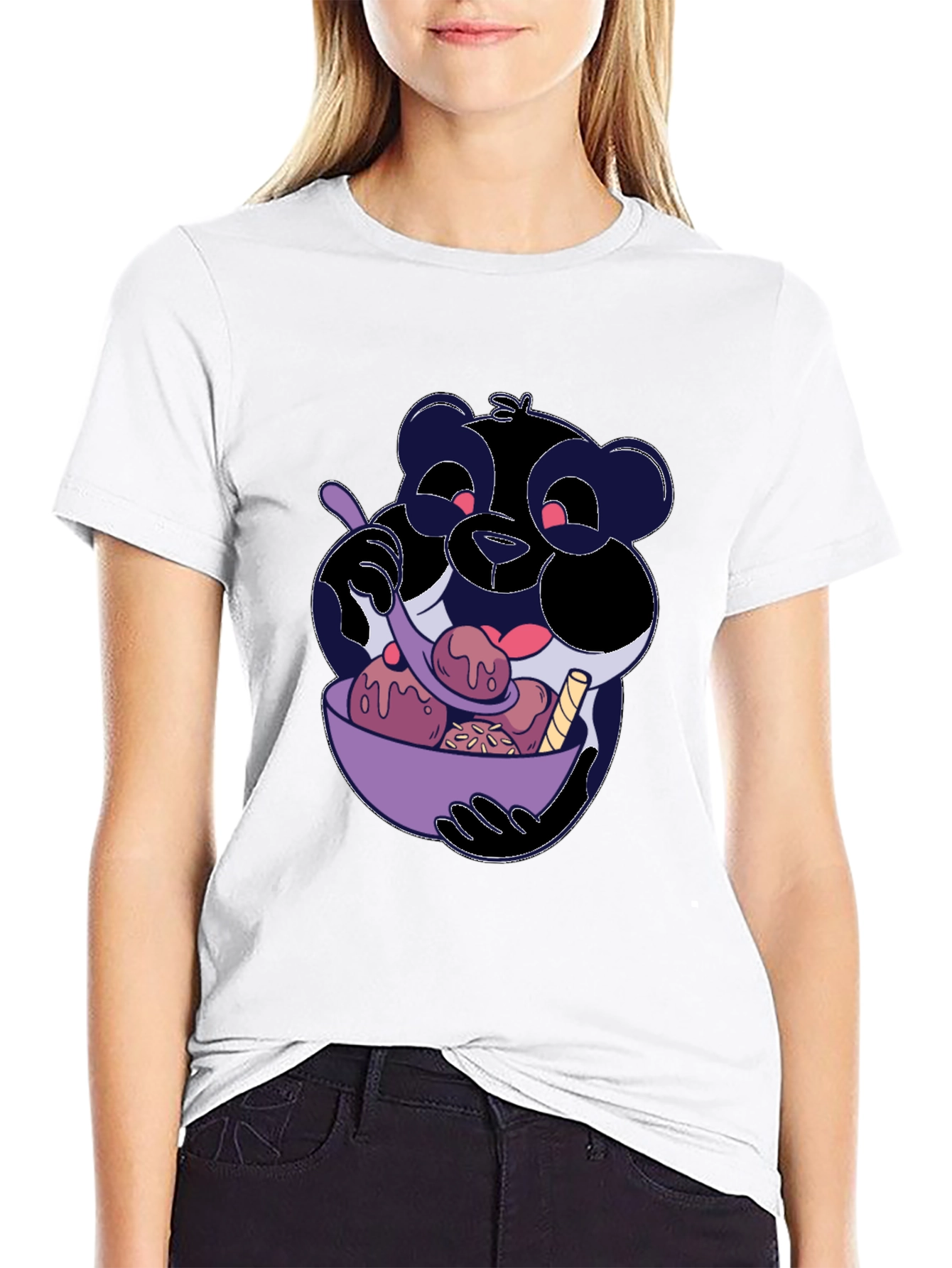 Cartoon Panda Eating Ice Cream Black T-Shirt