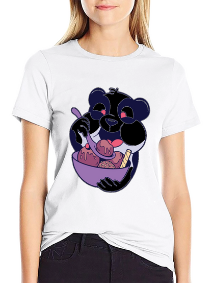 Cartoon Panda Eating Ice Cream Black T-Shirt