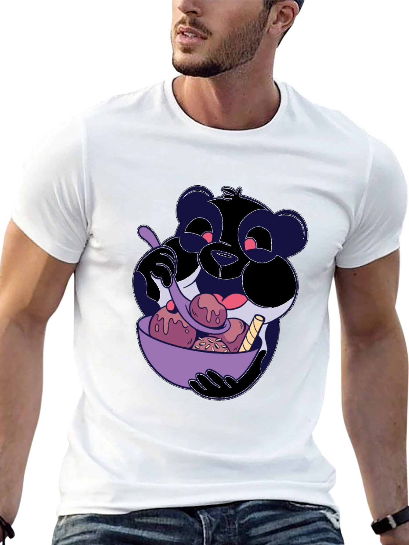 Cartoon Panda Eating Ice Cream Black T-Shirt