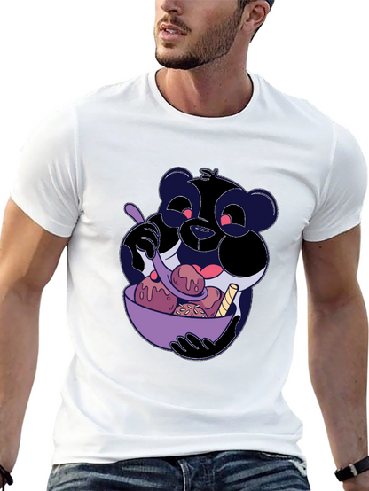 Cartoon Panda Eating Ice Cream Black T-Shirt