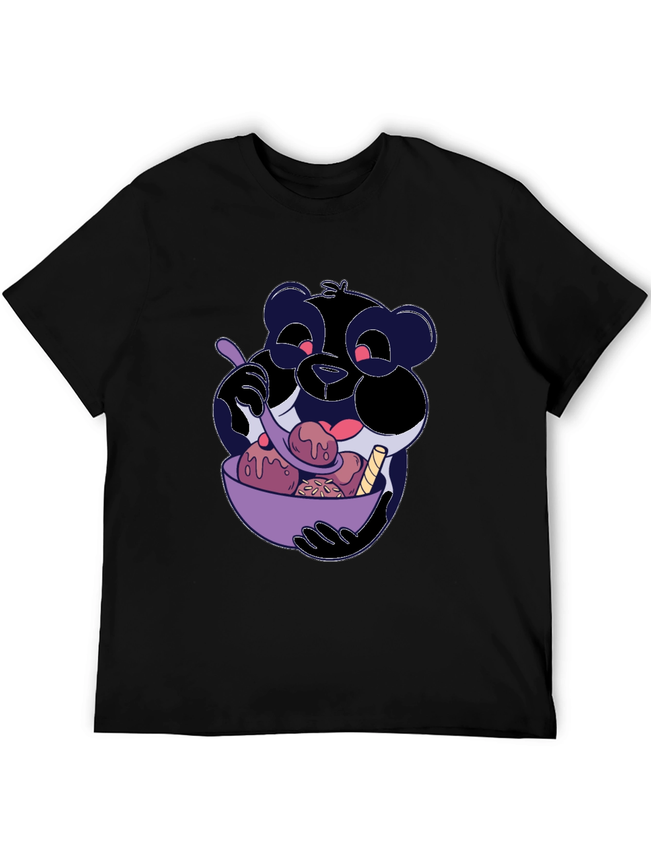 Cartoon Panda Eating Ice Cream Black T-Shirt