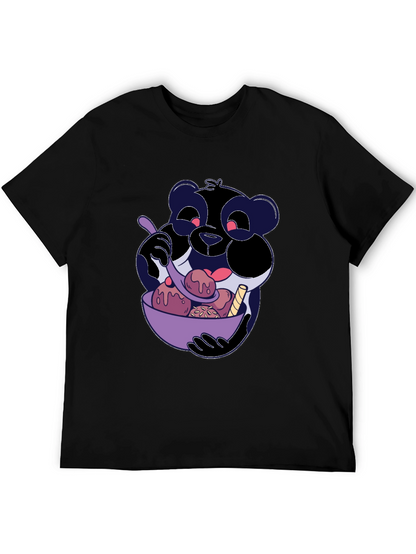 Cartoon Panda Eating Ice Cream Black T-Shirt