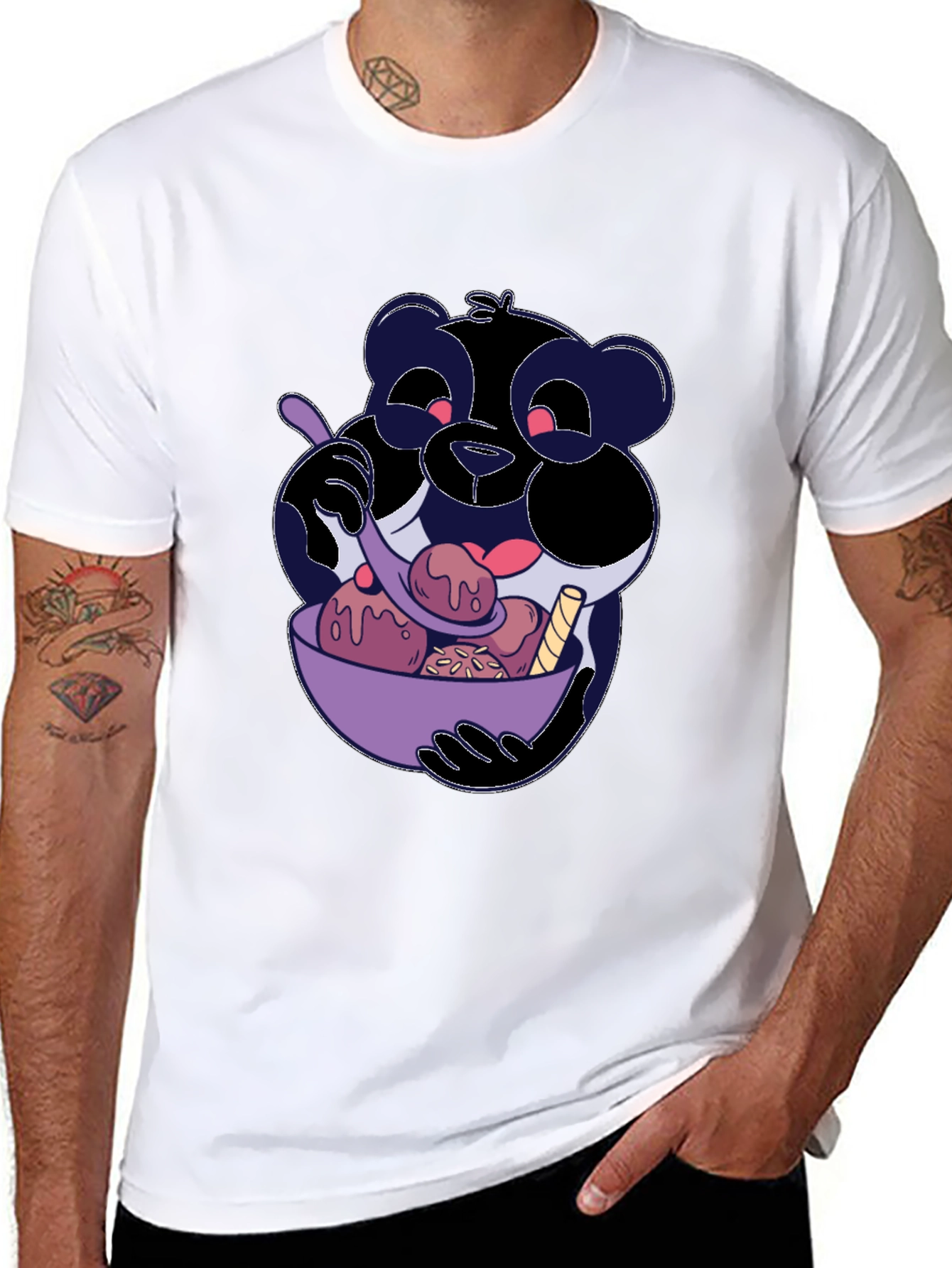 Cartoon Panda Eating Ice Cream Black T-Shirt